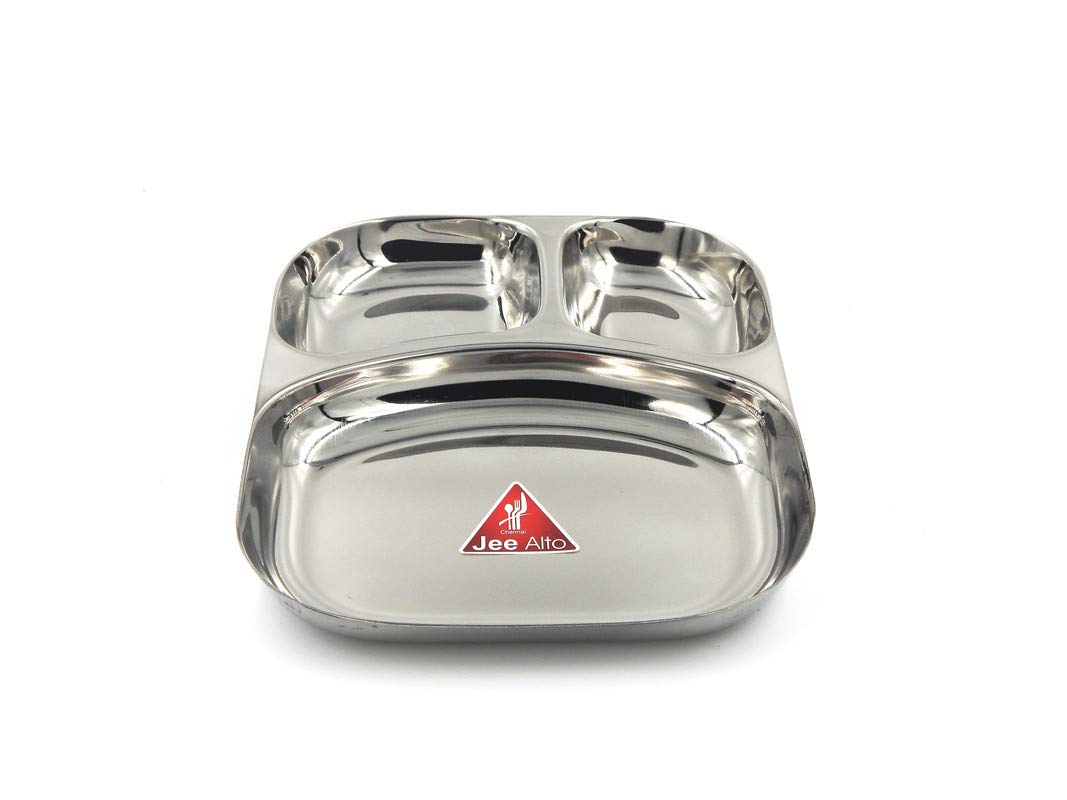 JEE ALTO 20 Gauge Heavy Duty 2 in 1 Stainless Steel Kitchen and Dining Round Deep Compartment Divided Plate/Thali/Mess Tray Set, 23.5 x 19 x 2.6 cm, Silver_Set of 1 (B08HYS93FW) Amazon Price History, Amazon Price Tracker