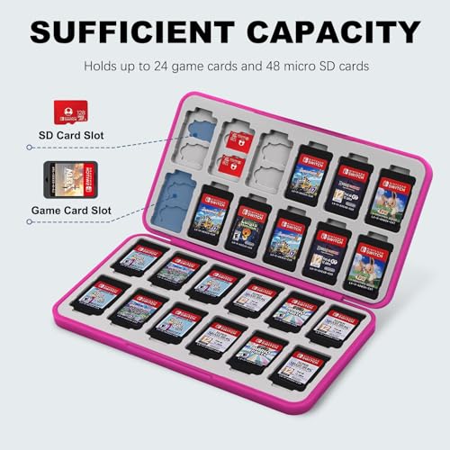 Image of FYY Nintendo Switch Game Case Holder for Switch 2 Cartridge Case with 24 Game Card Slots & 48 Micro SD Card Slots, Hard Shell, Silicone Lining Magenta