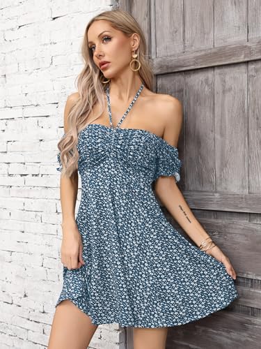 Image of Missufe Women's Puff Short Sleeve Drawstring Ruched Front Fit and Flare Floral Summer Casual Short Dress