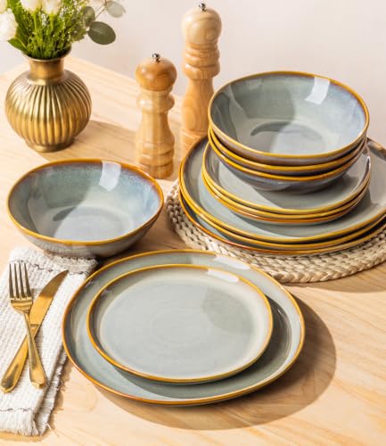 Image of TheTerra Ceramic Dinnerware Set for 4, 12-Piece Plates and Bowls Set