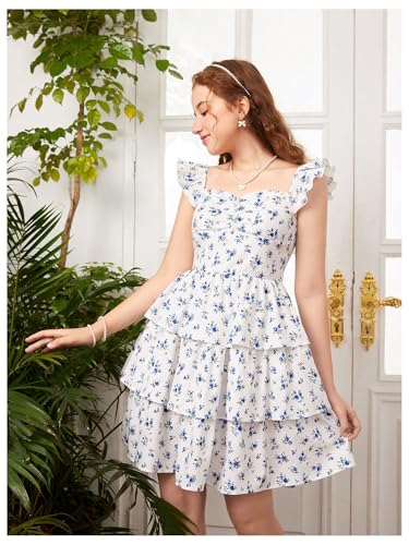 COZYEASE Girl's Floral Summer Dress Ruched Sweetheart A Line Dresses Ruffle Shirred High Waist Spring Dress3