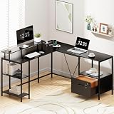 Huuger L Shaped Computer Desk with Power Outlets & LED Lights, Reversible Computer Desk with File Cabinet & Storage Shelves, Corner Desk Home Office Desk, Black