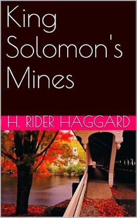 The book cover for King Solomon's Mines by H. Rider Haggard features a photo on the lower half, showing a marble-inlaid walking path through a garden arboretum in the fall. The top half of the cover is black with the title. There is a pink strip through the middle displaying the author's name.