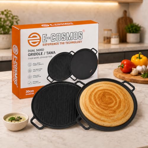 Image of E-COSMOS 2-in-1 Cast Iron Reversible Grill & Tawa Pan | 30 cm Dual Surface Cookware | Non-Stick Coating | Gas, Induction, & Oven Safe | for Roti, Dosa, Grilling Steak, Fish (2 in 1 Grill Tawa)