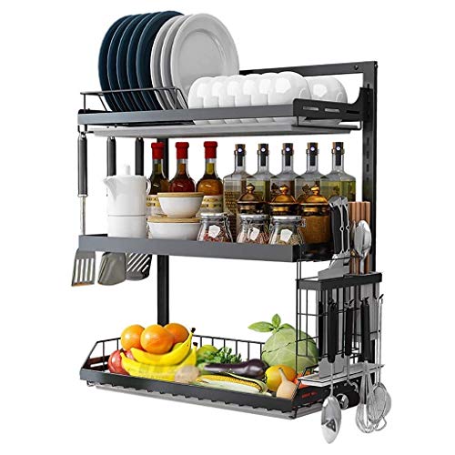 GUHPZA Escurridor De Platos De Acero Inoxidable De Pared, Escurridor Universal De Cocina, Soporte De 3 Capas, Soporte para Palillos Y Cuchillos, Negro, 65 X 25 X 57 Cm