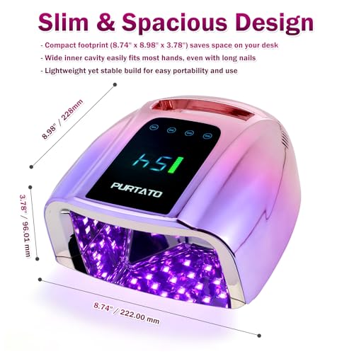 Image of Purtato Professional Rechargeable 96W UV LED Portable Cordless UV Light for Nail Lamp Machine with Removable Stainless Steel Bottom,4 Timer Setting and Smart Sensor Nail Dryer (Gradient Purple)