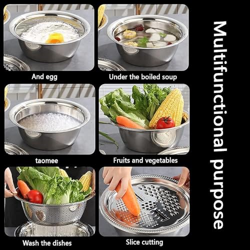Image of Stainless Steel Colander with Mixing Bowl Set - Heavy Duty Microporous Strainer Basket for Washing Rice, Fruits & Vegetables (3 in 1 Strainer Drainer Cutter)