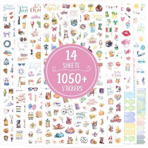 14 Pcs Jahreszeiten Sticker Set, über 1050 Motiven Scrapbooking Sticker Glitzer, Aufkleber für Scrapbook, Fotoalbum, Bullet Journal, DIY Basteln & Geschenke für Kinder Erwachsene (21.5 x 16 cm)