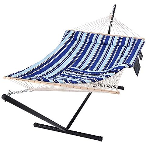 SUNCREAT Hammock Double Hammock with Stand, Two Person Cotton Rope Hammock, Blue Stripe Cover