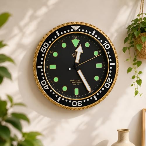 Image of Xtore Striking Nautical Dial Wall Clock for Living Room, Office & Bedroom Decor | Bold Design with Luminous Markers & Silent Quartz Movement (Black & Gold, 30 cm)