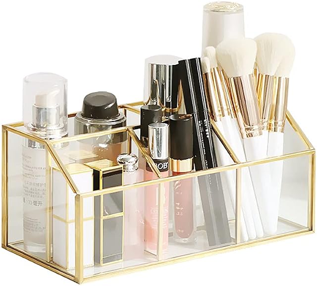 HARLIANGXY Makeup Organiser Gold Vintage Cosmetic Organizer Makeup Brush Holder Metal Cosmetic Organizer Brass Makeup Storage for Makeup Brushes Perfume Lipsticks Nail Polish, Tv Remote Stand Holder