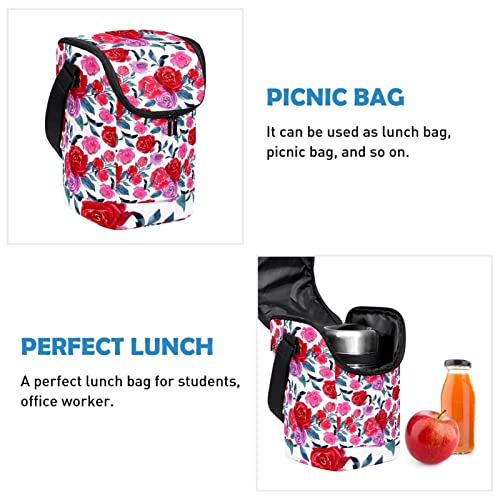 Bolsa de almuerzo con patrón floral rojo compacta contra derrames de comida 3