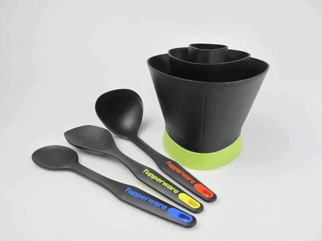 Tupperware Griff-Fix+ Kochlöffel+ Großer Schöpflöffel+ Servierlöffel P 23455 - 3-teiliges Set, Schwarz-Gelb, Orange-Schwarz, Blau-Schwarz, Kunststoff, Küchenutensilien