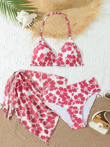 Image of SEGT Girl's 3 Piece Striped Bikini Swimwear Cute Swimsuits Bathing Suit High Waisted with Cover Up Beach Skirt