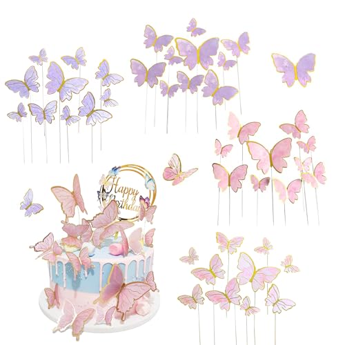 80 PCS Butterfly Cake Decorations Butterfly Cake Toppers Cupcake Toppers Pink Cake Decorations for Wedding Cake Birthday Party Cake Girl Women (Purple Pink)