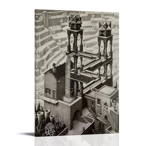 Impression sur toile imprimée célèbre de M.C. Escher - Cascade (Waterval) par Maurits Cornelis Escher - Décoration murale pour chambre à coucher, bureau,...