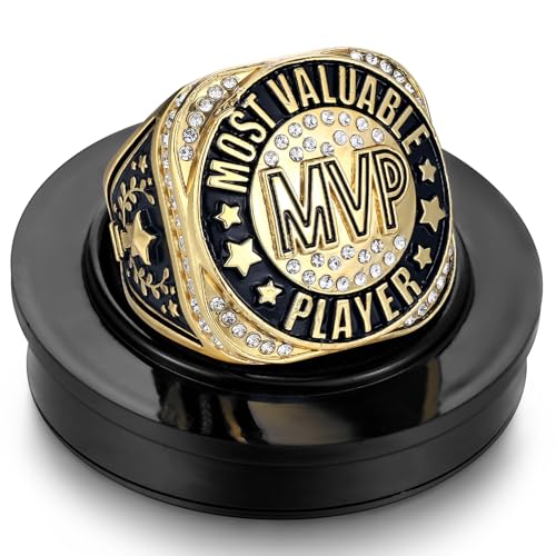 Highergo 1 PC Champion MVP Rings Baseball Soccer Basketball Volleyball Football Trophy Ring with Display Stand and Neck Chain Size 11 for Winner Tournament Award Gift(MVP)