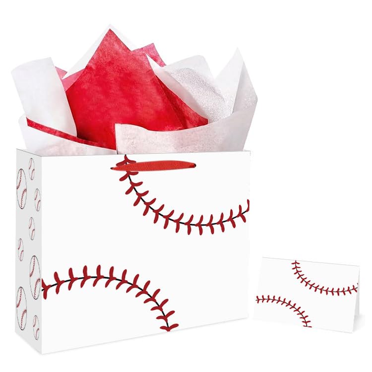 Hooqict Baseball Gift Bag Baseball Birthday Party Gift Wrapping Bag with Handles Tissue Paper Greeting Card for Kids Boys Men Sport Themed Birthday Party Favors Supplies