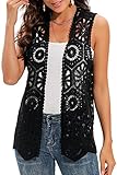 Women's Crochet Vest Sleeveless Boho Lace Cardigan (Geometry Black)