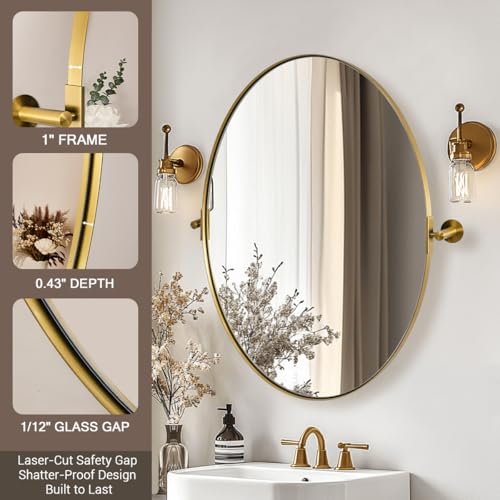MOON MIRROR Gold Oval Pivot Mirror, Brushed Brass Bathroom Vanity Mirror, Oval Tilting Mirror with Rust-Proof Stainless Steel Thin Frame, Wall-Mounted Vertically by MOON MIRROR - Image 3