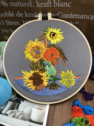 Image of Meecaa Golden Sunflower Embroidery Kit Starter Set, Hand Embroidery Set,Pattern Printed Cross Stitch Set for Beginner Adults, with Embroidery Hoop and Instructions (Golden Sunflower)