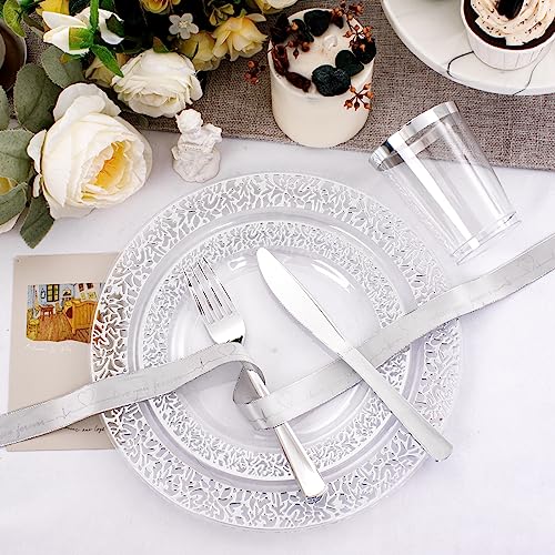 I00000 Silver Plastic Plates & Silverware & Cups, 150 Pcs Clear Lace Design Dinnerware Set Includes 25 Dinner Plates, 25 Dessert Plates, 25 Tumblers, 25 Forks, 25 Knives, 25 Spoons #TOP3