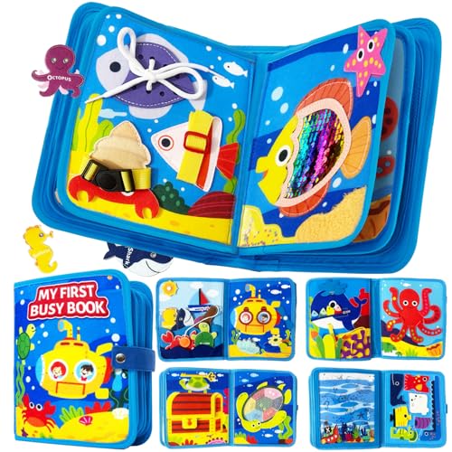 KOGMOW Busy Board Montessori Spielzeug ab 1 2 3 Jahre, 3D Meeres Thema Quiet Book für Frühe Bildung, Förderung Feinmotorik, Activity Board Reise Auto Flugzeug, Geschenk Jungen Mädchen