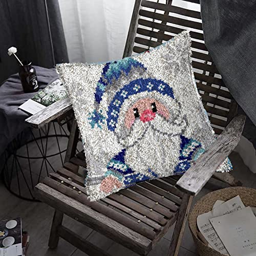 Image of TEZKIM Latch Hook Kits for Adults Christmas DIY Throw Pillow Cover with Printed Canvas Pillowcase Needlework Cushion Cover Hand Craft Creative Gift Home Decoration 16.9Inch X16.9Inch (Blue)