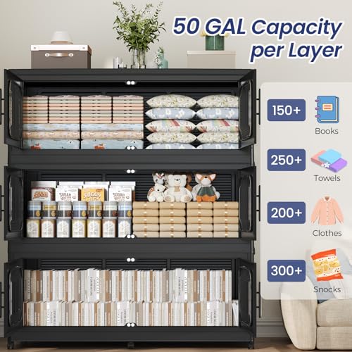 150GAL Extra Large Storage Bins with Lid, 600QT Storage Bins with Wheels, Collapsible Closet Organizer, Stackable Folding Plastic Storage Containers for Home, Office, Dorm, 3Pack Black - Image 5
