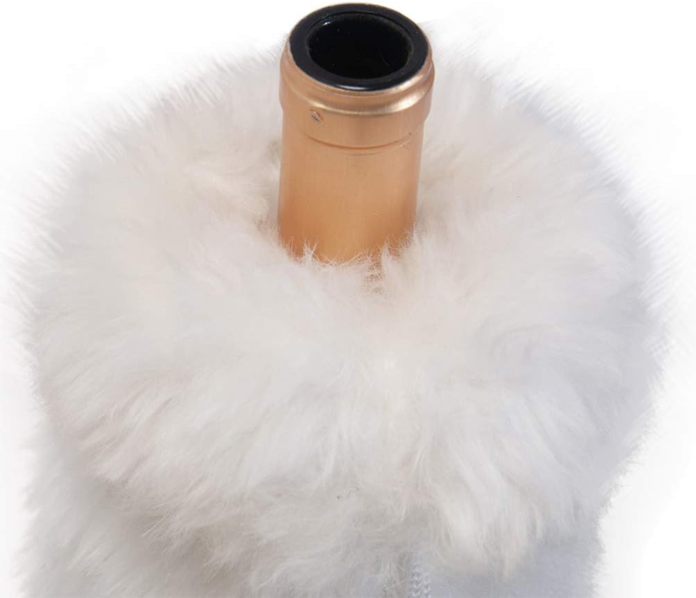 Amosfun Christmas Wine Bottle Cover Bags White Faux Fur Christmas Bottle Cover Bag with Drawstring Home Table Decorations 2PCS image 4