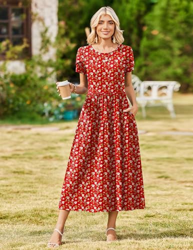 Image of Zeagoo Summer Dresses for Women 2026 Maxi Bohemian Floral Short Sleeve Long Dress Casual Flowy Tired Beach Sundress