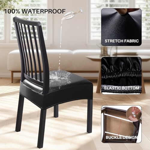 Image of SearchI Waterproof PU Dining Chair Seat Covers Set of 6, Soft Removable Washable Seat Covers for Dining Chairs, Dining Room Seat Cover Protector (Rear-Covered, PU Black)