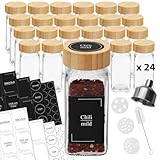 Gew&uuml;rzgl&auml;ser eckig leer mit Bambusdeckel VonBueren | 24 x 120 ml | Gew&uuml;rzbeh&auml;lter mit Streueinsatz | spice jars glas | Gew&uuml;rzstreuer aus Glas