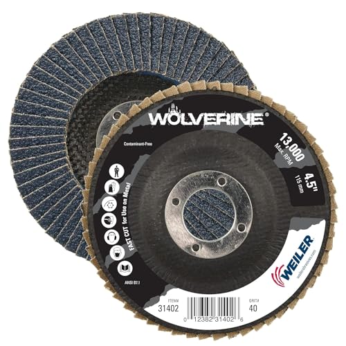 Image of Weiler 31402 Wolverine 4-1 /2 inch x 7 /8 inch Arbor Hole Abrasive Flap Disc, 40 Grit Zirconia Alumina, Flat Type 27, Phenolic Backing, Standard Density (Pack of 10)