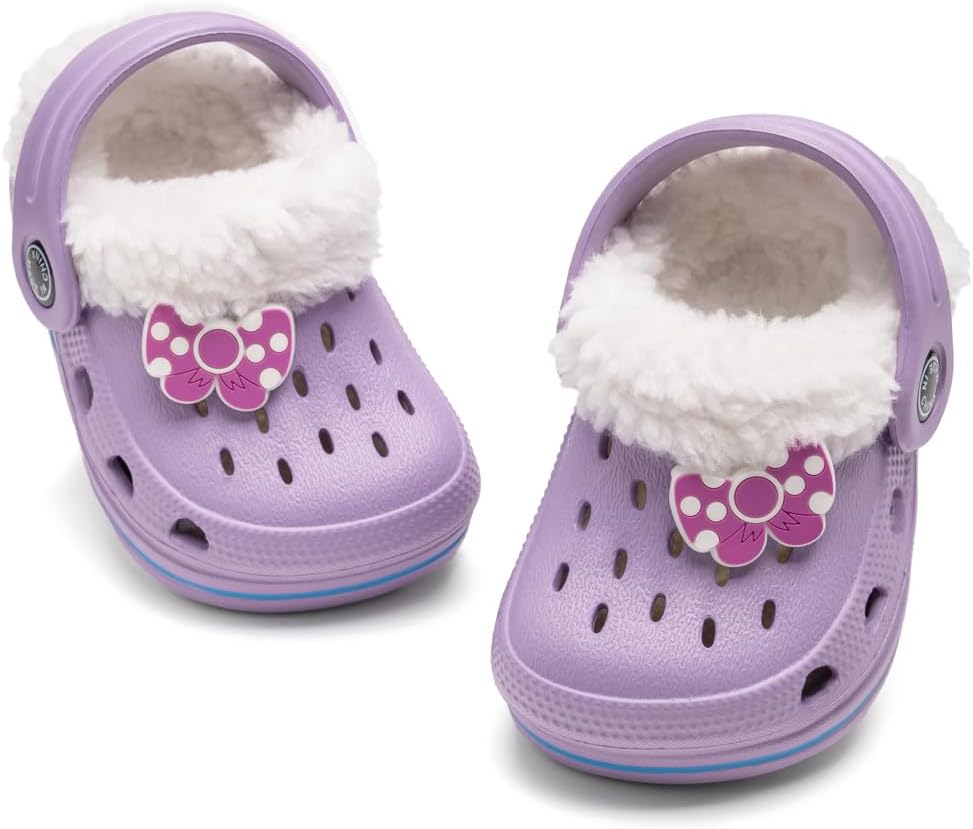 Casazoe Toddler Fur Lined Clogs Boys Girls Winter Warm Slip On Shoes Fleece Lining House Slippers Cartoon Lightweight Outdoor Indoor Home Shoes