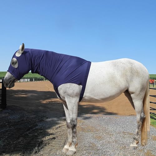 Image of Horse Slinky Hood with Zipper, Stretch Spandex Sleazy Hood for Mane Protection, Breathable Horse Neck Cover for Show Prep, Braids Saver, Sleek Grooming Under Blanket Use Navy X-Large