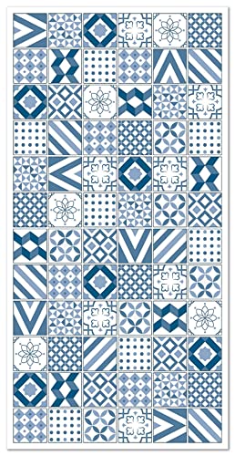 Panorama Tapis Vinyle - Modèle Carreaux Ciments Love Bleu 40x80 cm - Différentes Tailles - Deco Maison, Cuisine, Chambre et Exterieur