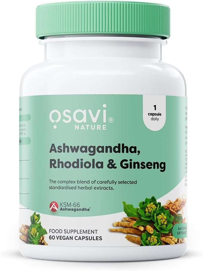 Osavi Ashwagandha, Rhodiola & Ginseng – 60 Vegan Capsules | Stress & Energy Support | Powerful Blend with KSM–66® Ashwagandha | Rhodiola & Ginseng Root Extracts for Resilience | Focus & Vitality