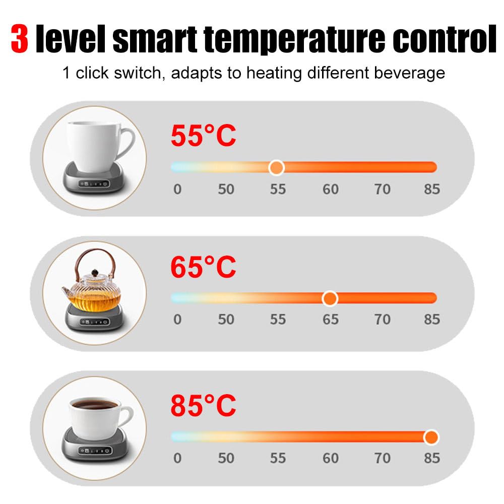 Scaldatazze da Caffè USB, Scalda Tazze Elettrico con 3 Impostazioni di Temperatura, Portatile Sottobicchiere Riscaldante Elettrico, per Caffè, Acqua, Tè, Cacao, Latte e Bevande, Regali