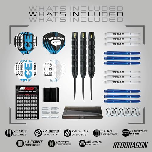RED DRAGON Darts – Gerwyn Price Iceman – Professionelles Dartset. Ultimatives 50-teiliges Dartset mit Dartpfeilen und Zubehör
