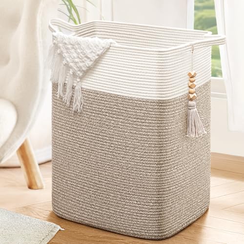 Image of Goodpick Laundry Hamper, Tall Woven Storage Blanket Basket with for Living room, Laundry Basket for Clothes, Toys,Towels, Pillows, 16x13x22in, Jute