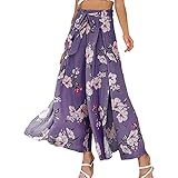 Womens Elegant Floral Print Split Cropped Pants High Waisted Flowy Boho Wide Leg Pants Palazzo Summer Beach Capris Purple