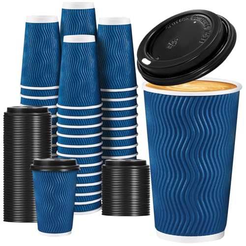 Lamosi 16 OZ Disposable Coffee Cups with Lids 50 Pack, Paper Insulated Corrugated Ripple Wall Cup for Hot Beverages