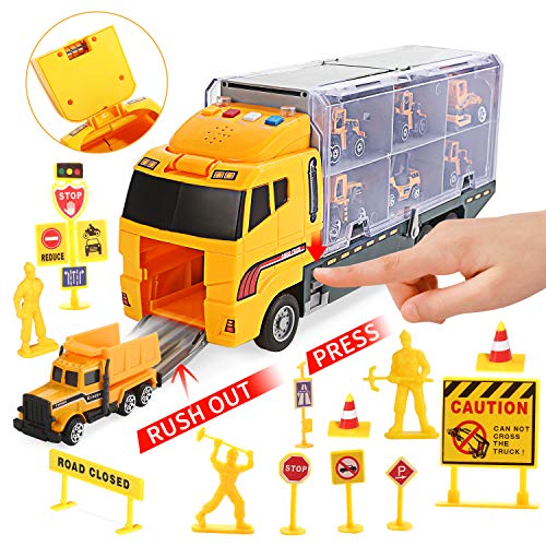Cute Stone 25 In 1 Construction Trucks Push And Go Car Carrier Truck Toy, Play Vehicles With Sounds And Lights, 12 Mini Diecast Trucks Included #TOP3
