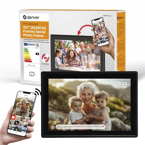 Denver PFF1021 Digitaler Bilderrahmen WiFi 10.1 Zoll Elektronischer Bilderrahmen 16GB mit FRAMEO App IPS Touchscreen Auto-Rotate Micro SD Slot Schwarz