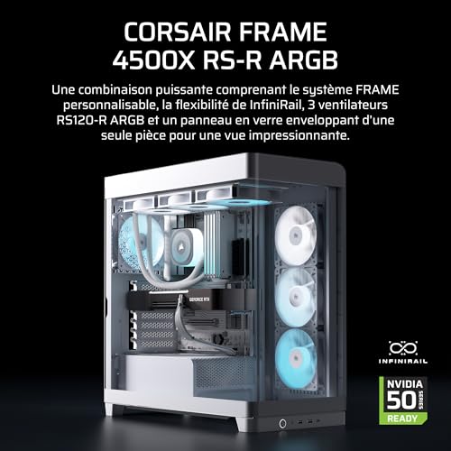 Corsair Frame 4500X RS-R ARGB Boîtier PC Moyen-Tour en Verre panoramique – Système de Fixation du Ventilateur InfiniRail, Peut accueillir Deux radiateurs de 360 mm, 3X Ventilateurs RS120R – Blanc
