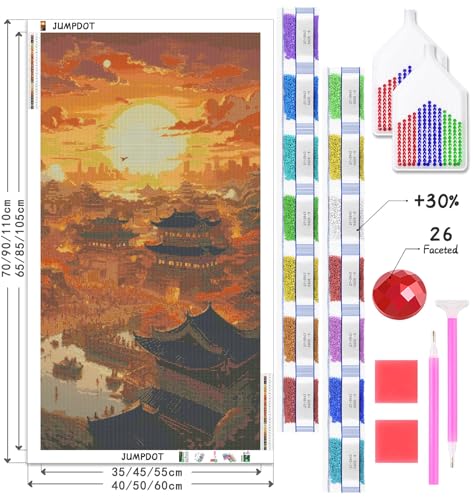 Kit completo de diamond painting 5D Jumpdot con diseño de antiguo edificio chino (70x40 cm) 7