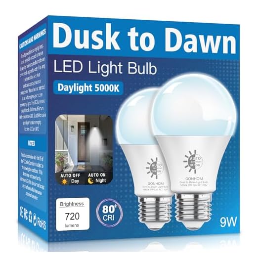 Gonhom 2 Pack Dusk to Dawn Light Bulbs Outdoor, 5000K-Daylight, 720LM, 9W(60W Equivalent) A19 E26 Automatic On/Off LED Light Bulbs, Dusk to Dawn LED Outdoor Lighting for Porch Garage Patio