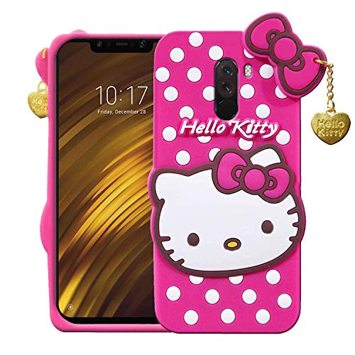 Image of Unirock Hello Kitty Back Case Cover for Poco F1| 3D Cute Hello Kitty Case |Soft Silicone Rubber Back Cover with Pendant Kitty Cover for Poco F1 (Pink)