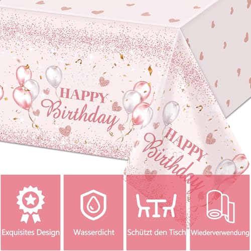 Kisstta 137 X 274cm Party Tischdecke, Wiederverwendbar Tischdecken Geburtstag, wasserdichte Plastik Tischdecke, Rosa Luftballons Geburtstag Tischdecken für Party und Tischdekoration
